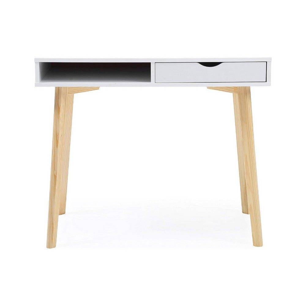 Writing Desk w Drawer & Open Cubby I White Top I Natural Brown 35"