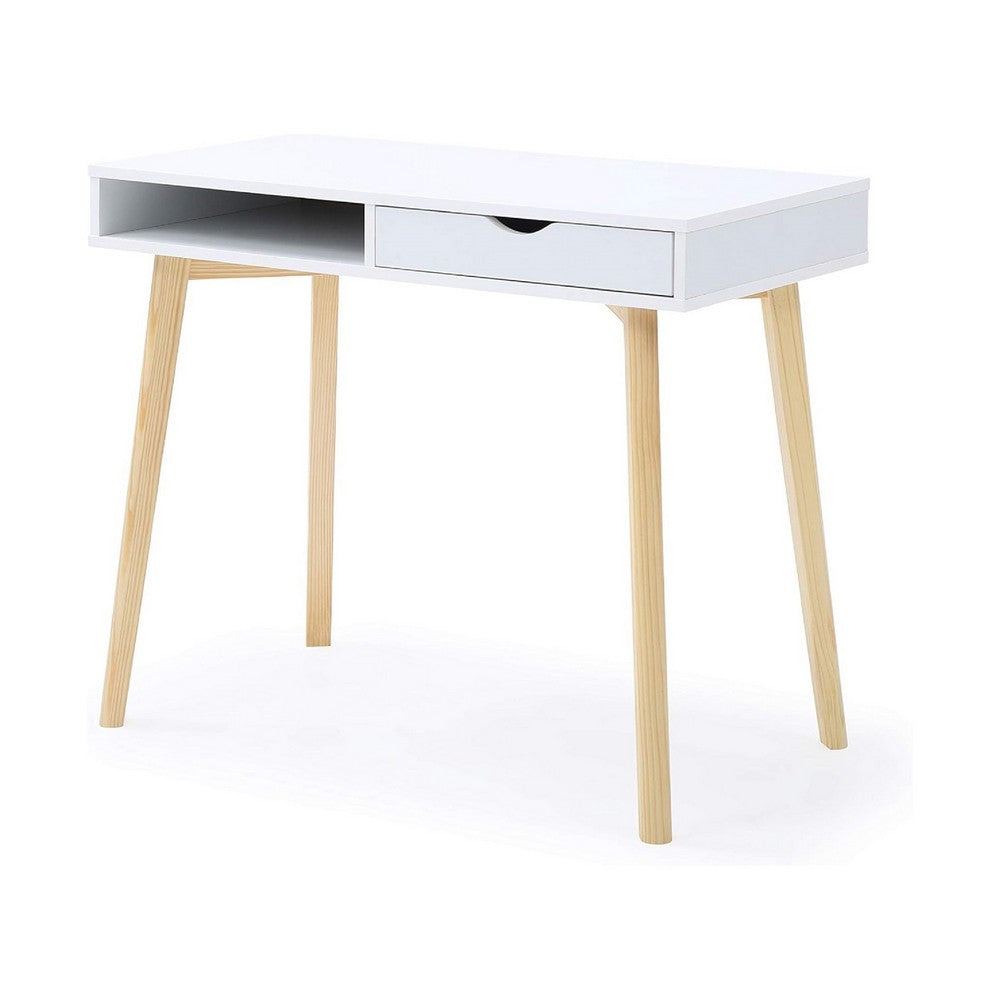 Writing Desk w Drawer & Open Cubby I White Top I Natural Brown 35"