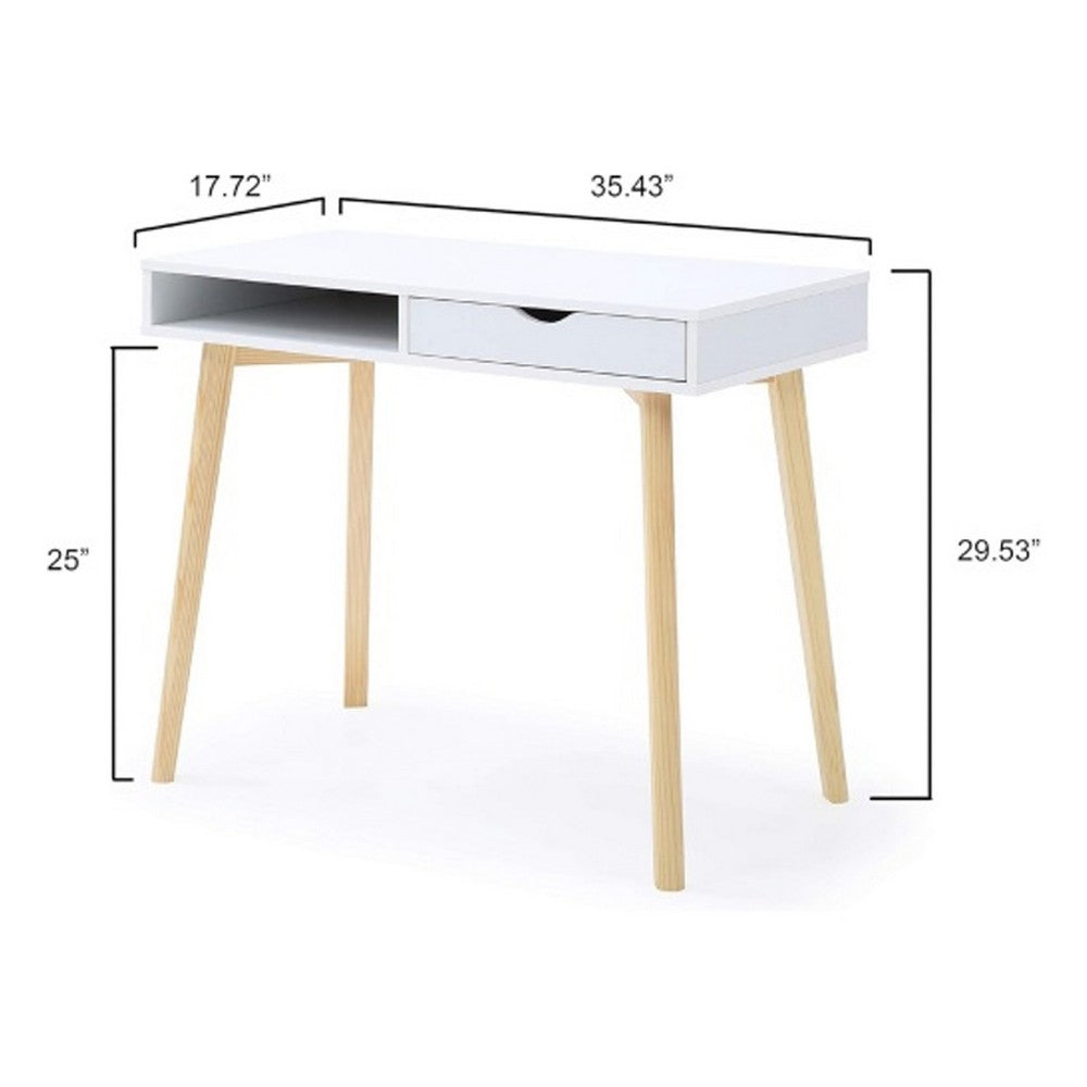 Writing Desk w Drawer & Open Cubby I White Top I Natural Brown 35"