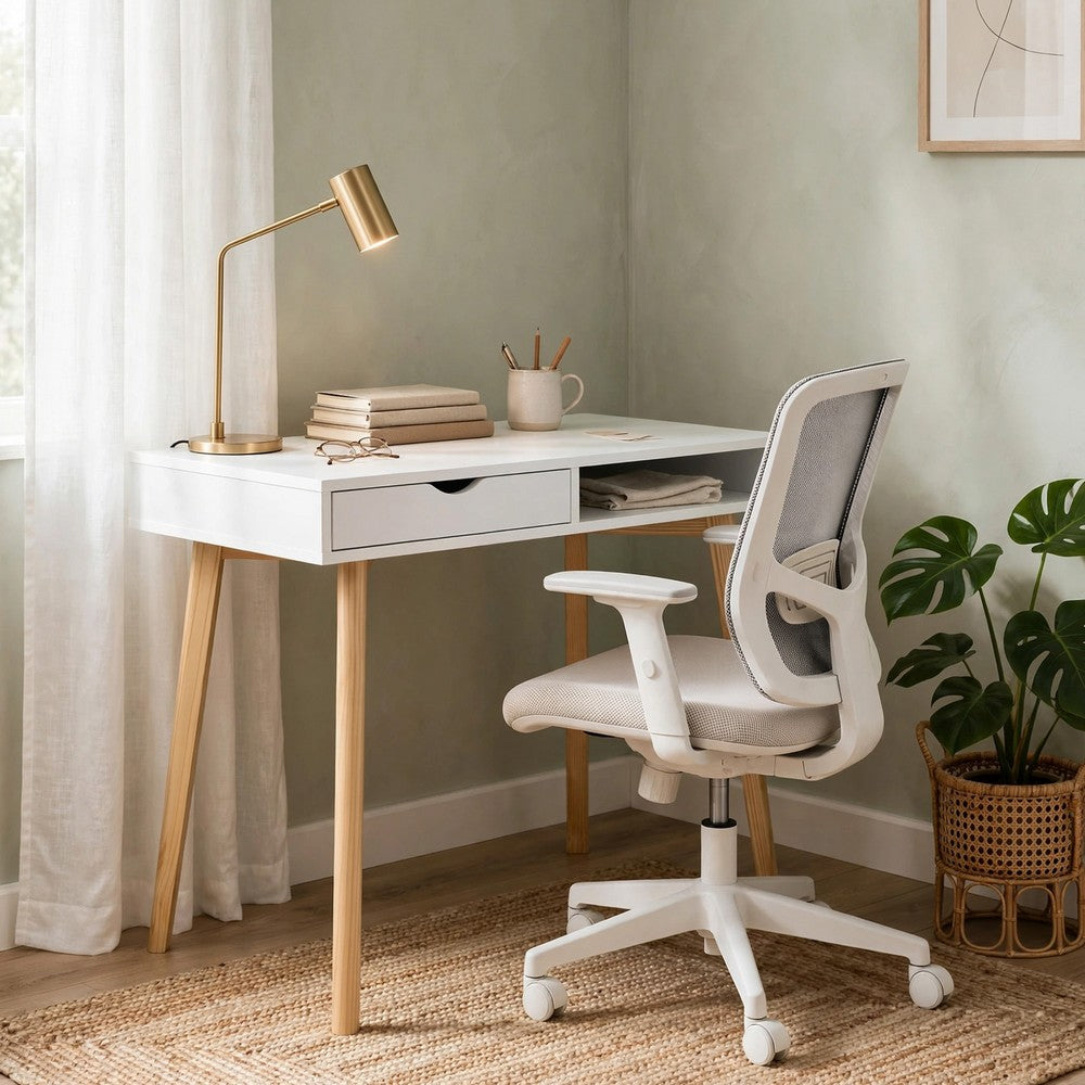 Writing Desk w Drawer & Open Cubby I White Top I Natural Brown 35"