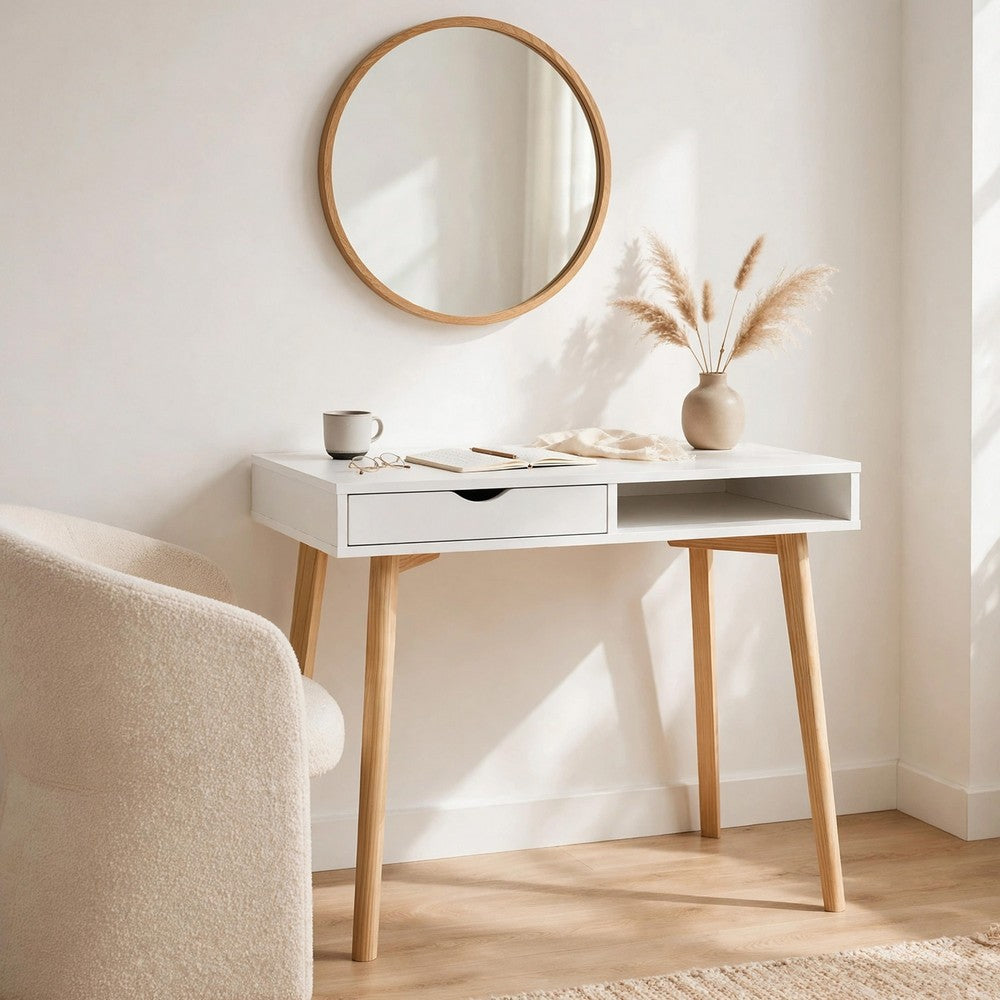 Writing Desk w Drawer & Open Cubby I White Top I Natural Brown 35"