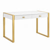 Writing Desk I 2 Drawers I High Gloss White I Matte Gold Sled Base 52"