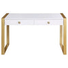 Writing Desk I 2 Drawers I High Gloss White I Matte Gold Sled Base 52"