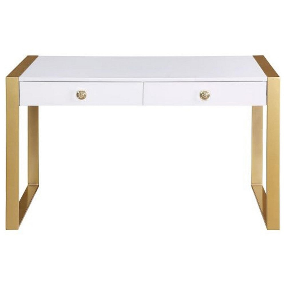 Writing Desk I 2 Drawers I High Gloss White I Matte Gold Sled Base 52"