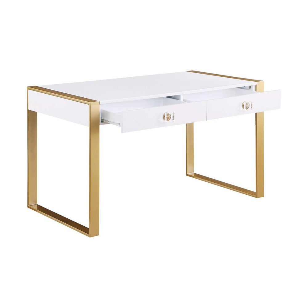 Writing Desk I 2 Drawers I High Gloss White I Matte Gold Sled Base 52"