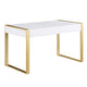 Writing Desk I 2 Drawers I High Gloss White I Matte Gold Sled Base 52"