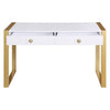 Writing Desk I 2 Drawers I High Gloss White I Matte Gold Sled Base 52"