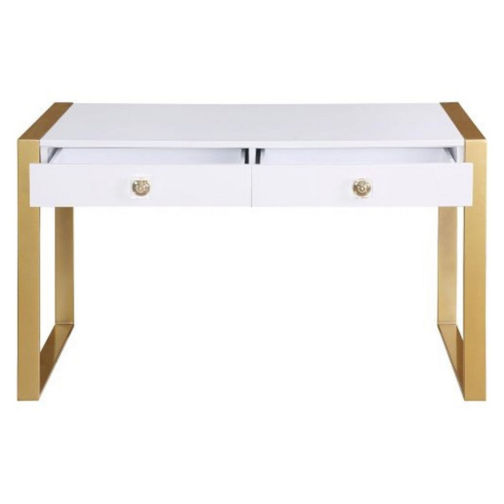 Writing Desk I 2 Drawers I High Gloss White I Matte Gold Sled Base 52"