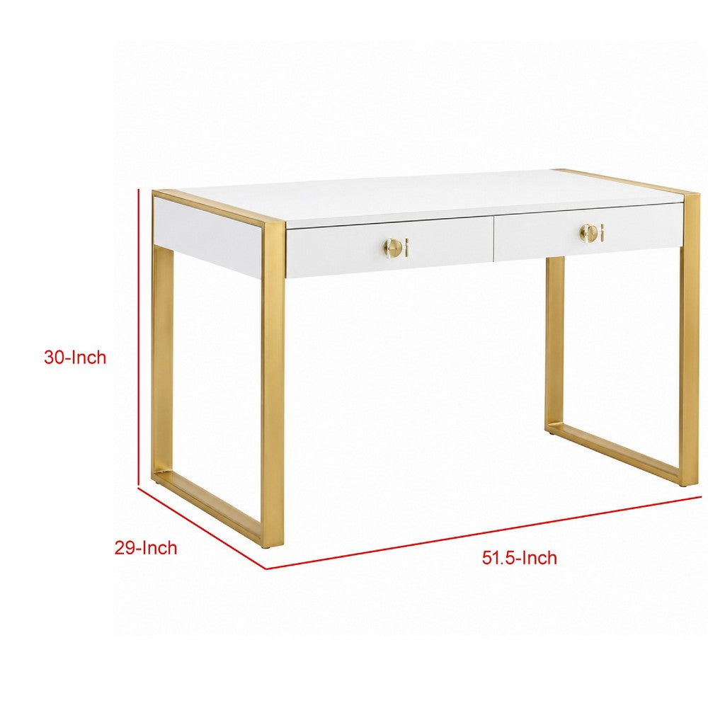 Writing Desk I 2 Drawers I High Gloss White I Matte Gold Sled Base 52"