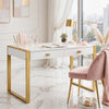 Writing Desk I 2 Drawers I High Gloss White I Matte Gold Sled Base 52"