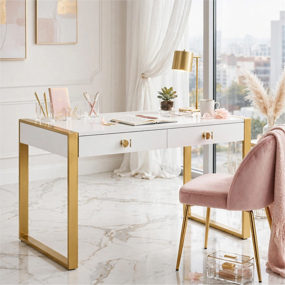 Writing Desk I 2 Drawers I High Gloss White I Matte Gold Sled Base 52"