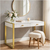 Writing Desk I 2 Drawers I High Gloss White I Matte Gold Sled Base 52"