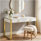Writing Desk I 2 Drawers I High Gloss White I Matte Gold Sled Base 52"