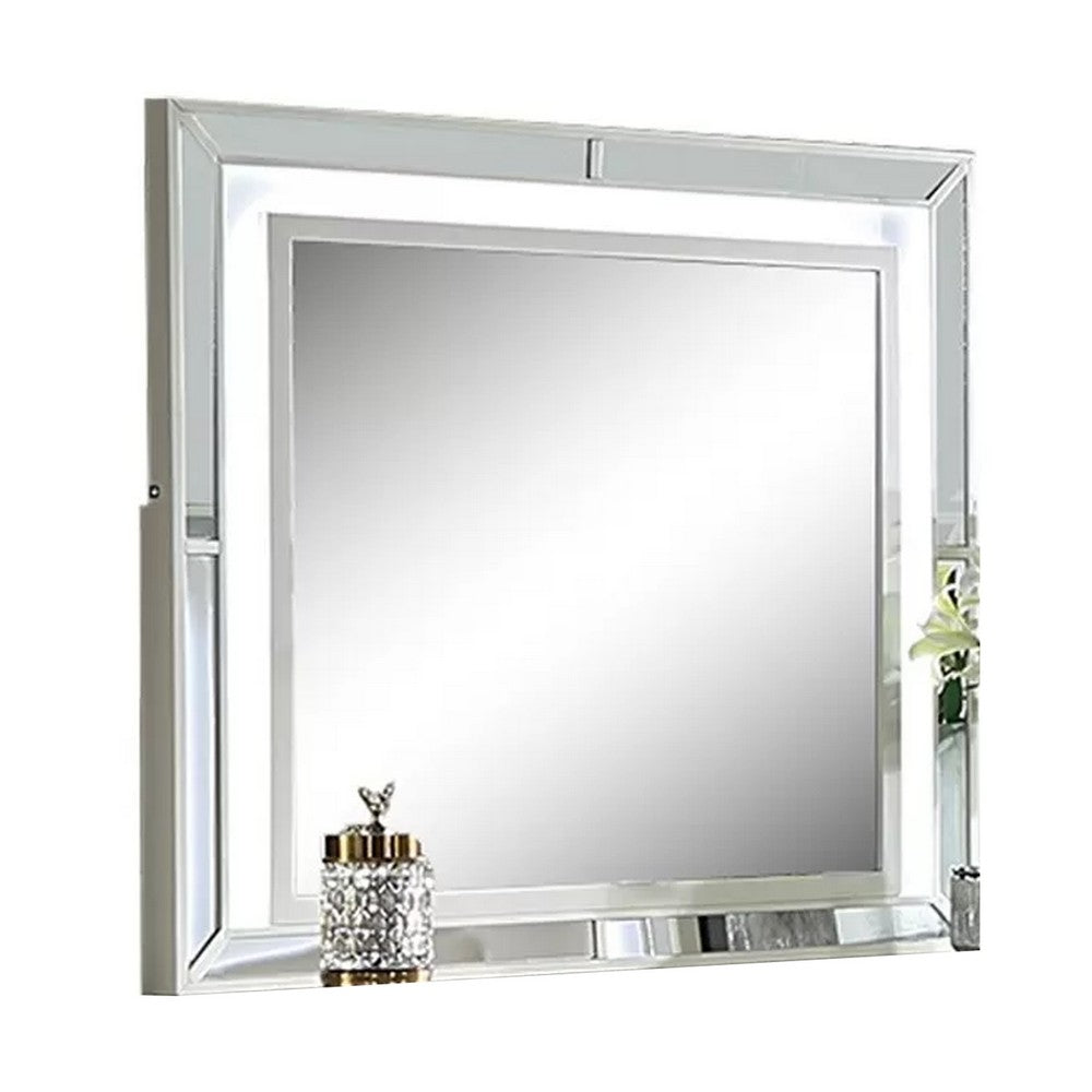 Pumi Dresser Mirror w LED | Glass Panel Trim | Ivory 38x44 Rectangular