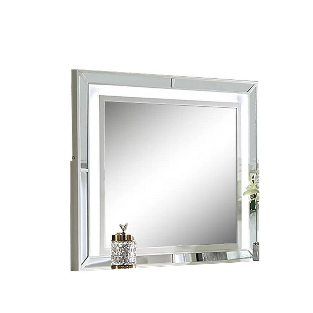 Pumi Dresser Mirror w LED | Glass Panel Trim | Ivory 38x44 Rectangular