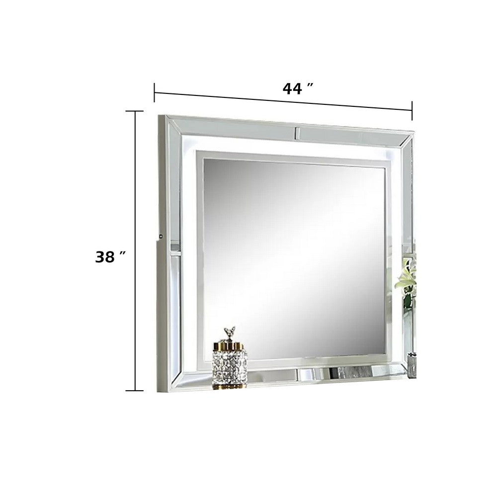 Pumi Dresser Mirror w LED | Glass Panel Trim | Ivory 38x44 Rectangular