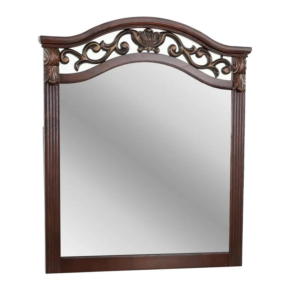 Ansa Arched Dresser Mirror | Carved Frame | Dark Cherry Brown Wood 37x41