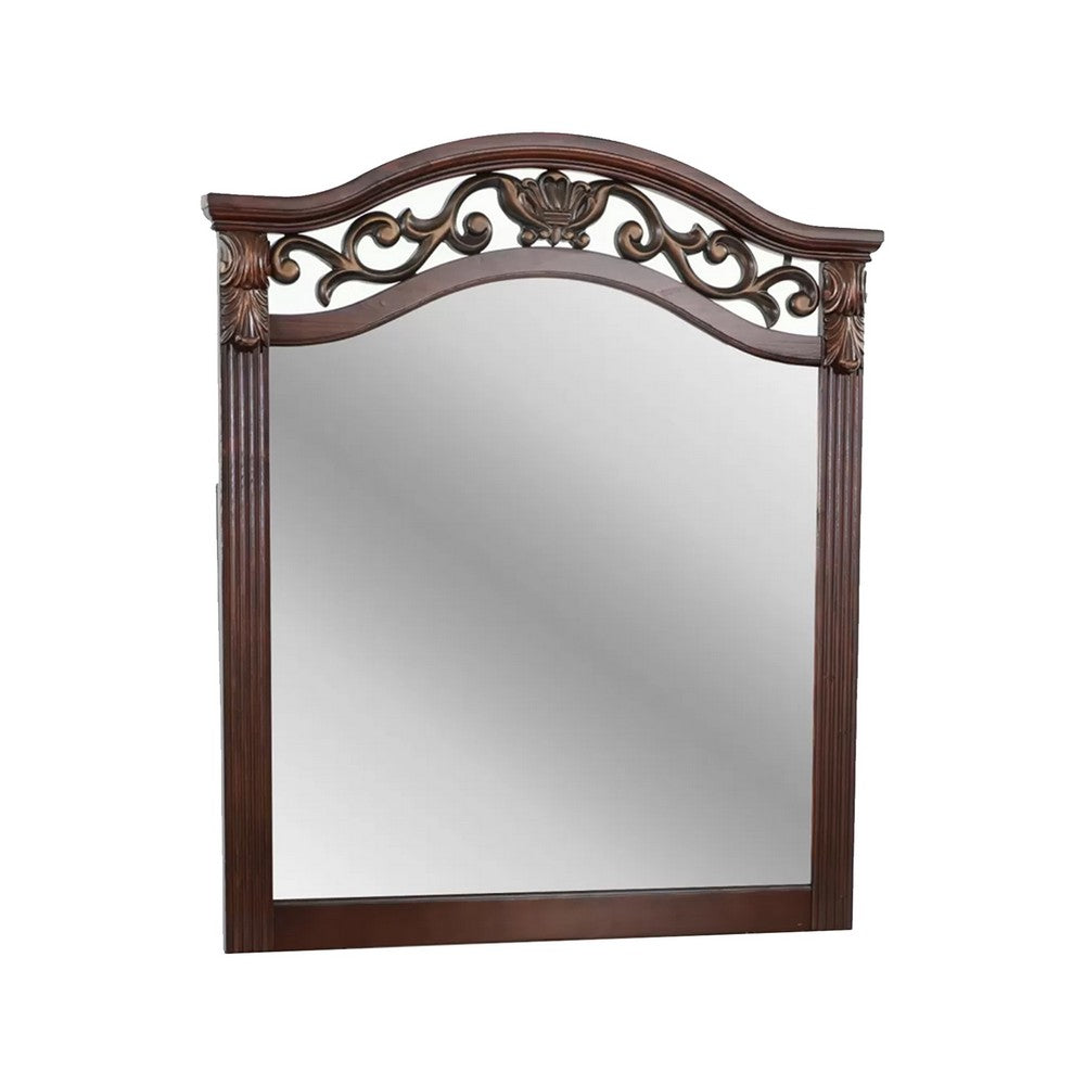 Ansa Arched Dresser Mirror | Carved Frame | Dark Cherry Brown Wood 37x41