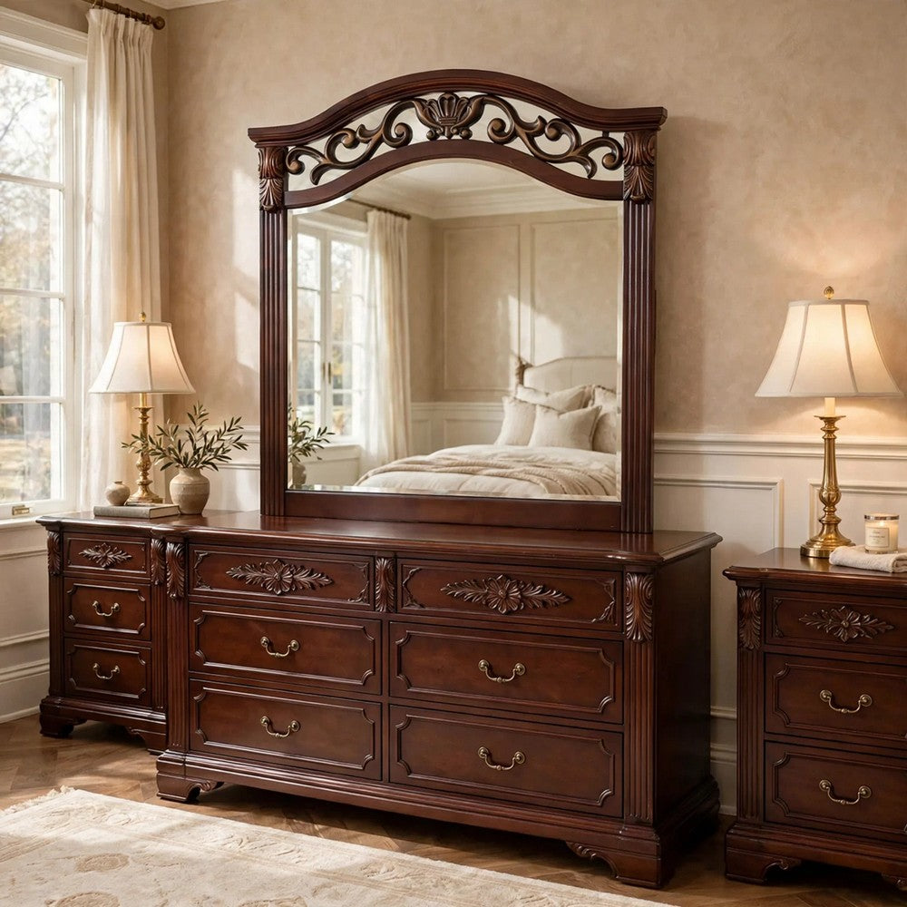 Ansa Arched Dresser Mirror | Carved Frame | Dark Cherry Brown Wood 37x41