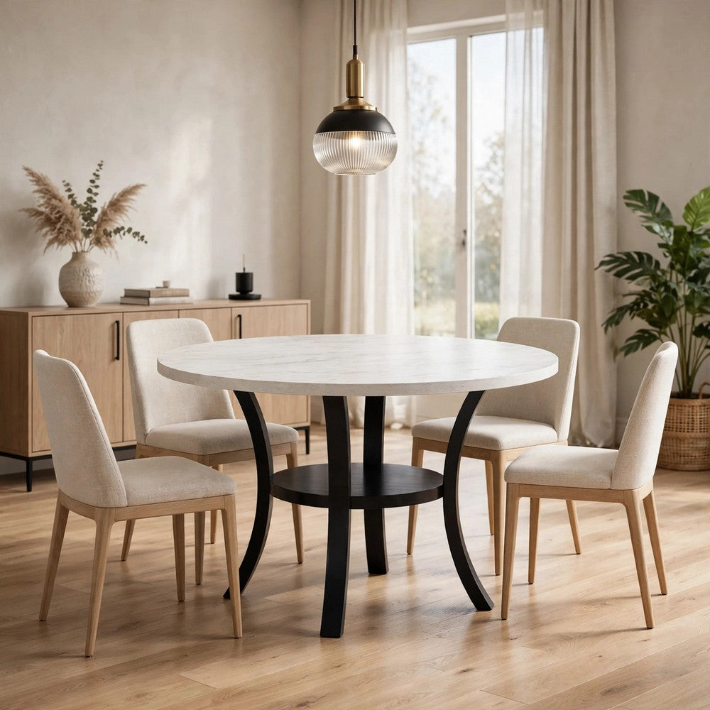 Pera Dining Table w Shelf | Curved Legs | White & Black | 40" Round