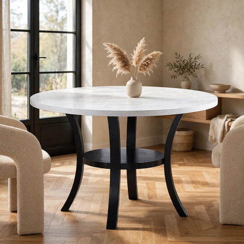 Pera Dining Table w Shelf | Curved Legs | White & Black | 40" Round