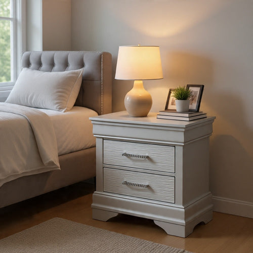 Shoba Nightst& | 2 Textured Drawers | Faux Diamond Inlaid H&les | White