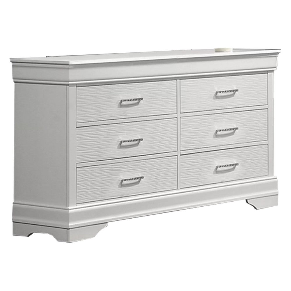 Shoba Wide Dresser | 6 Textured Drawers | Faux Diamond H&les | White