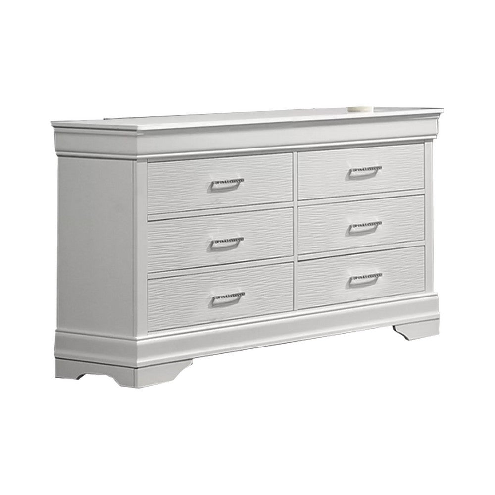 Shoba Wide Dresser | 6 Textured Drawers | Faux Diamond H&les | White