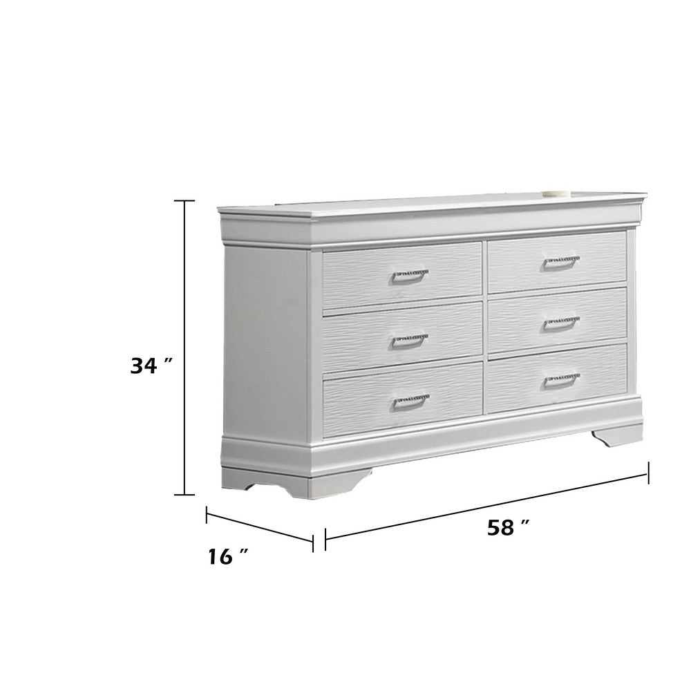 Shoba Wide Dresser | 6 Textured Drawers | Faux Diamond H&les | White