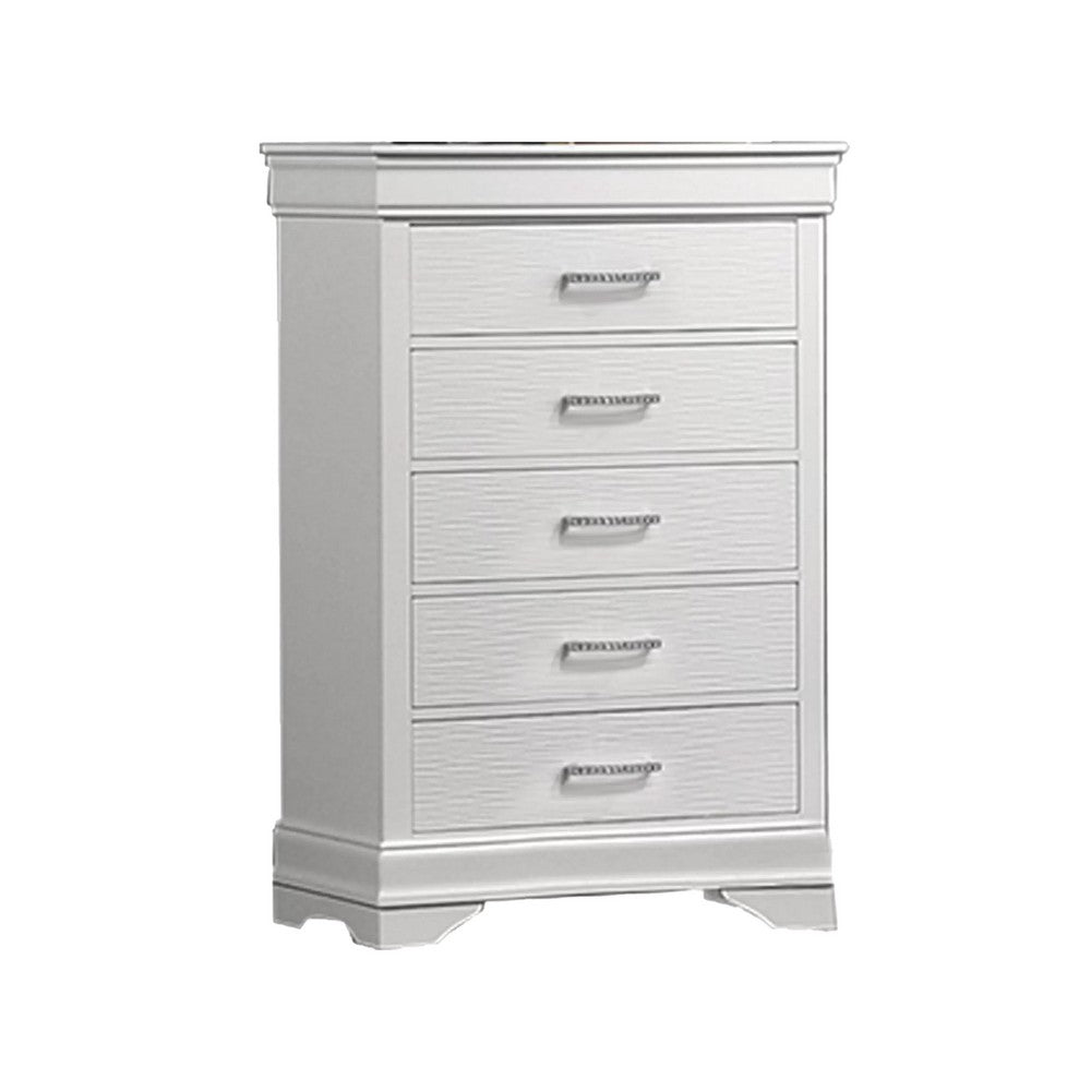 Shoba Tall Dresser Chest | 5 Textured Drawers | Faux Diamond H&les | White