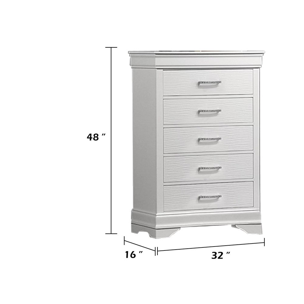 Shoba Tall Dresser Chest | 5 Textured Drawers | Faux Diamond H&les | White