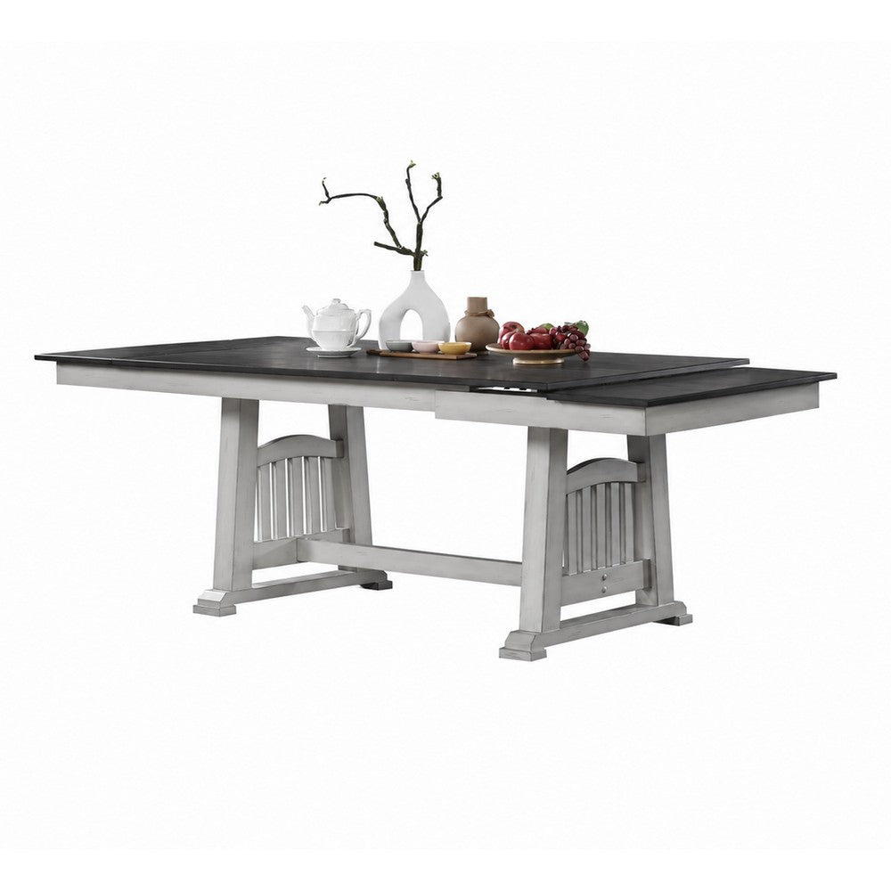 Chavi Dining Table w 2 Leaves | Antique White Trestle | Gray 66-94"