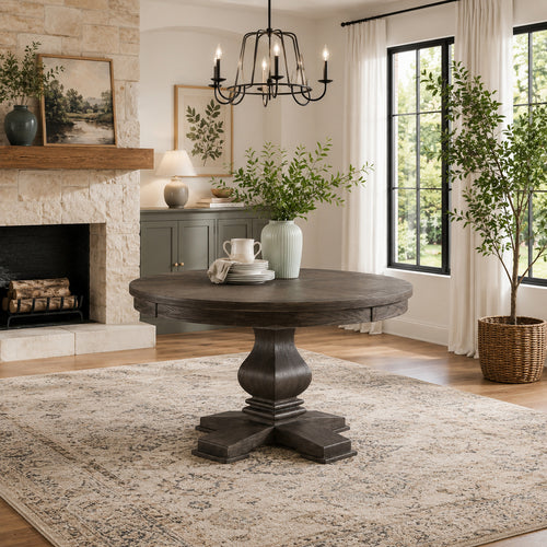 Gemi Dining Table | Chevron Top | Pedestal Base | Oak Brown 54" Round