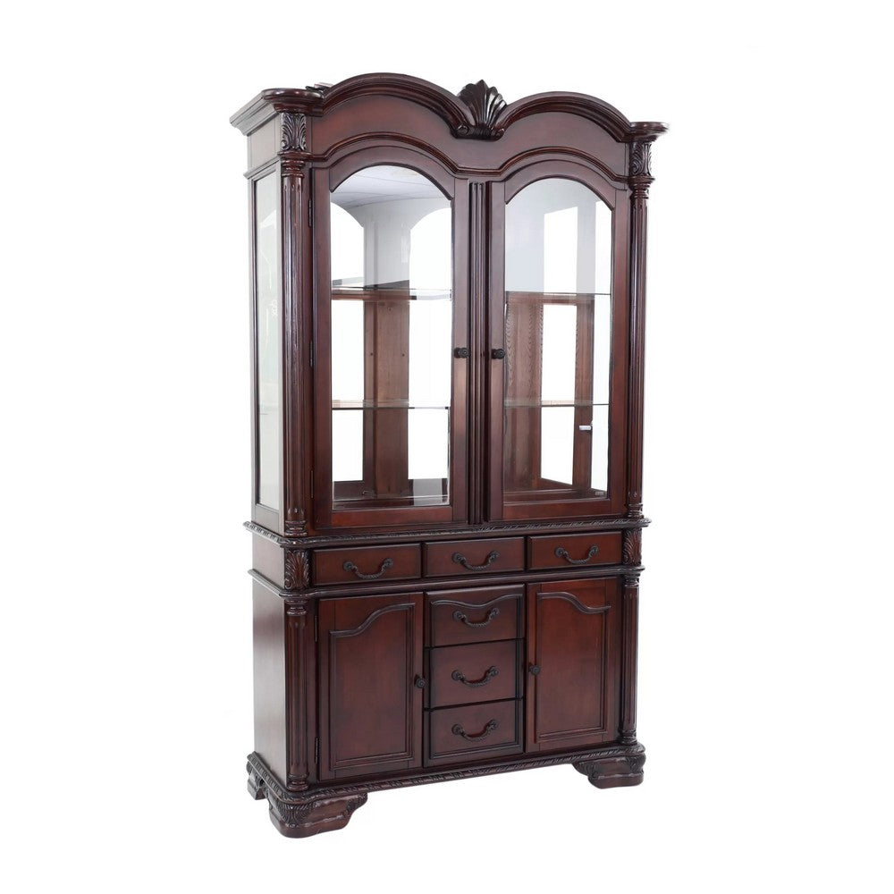 Shaya Hutch | 3 Glass Shelves | 6 Drawers | 2 Doors | Cherry Brown 88"