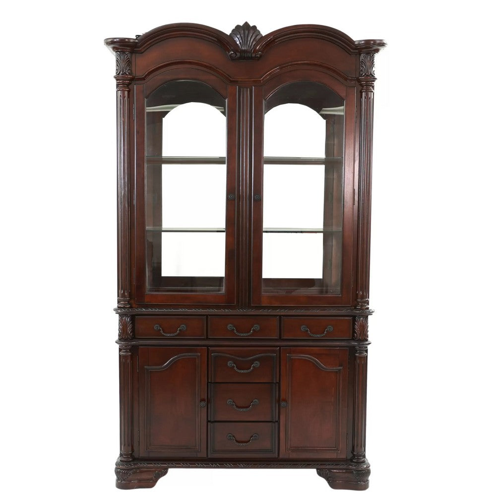 Shaya Hutch | 3 Glass Shelves | 6 Drawers | 2 Doors | Cherry Brown 88"