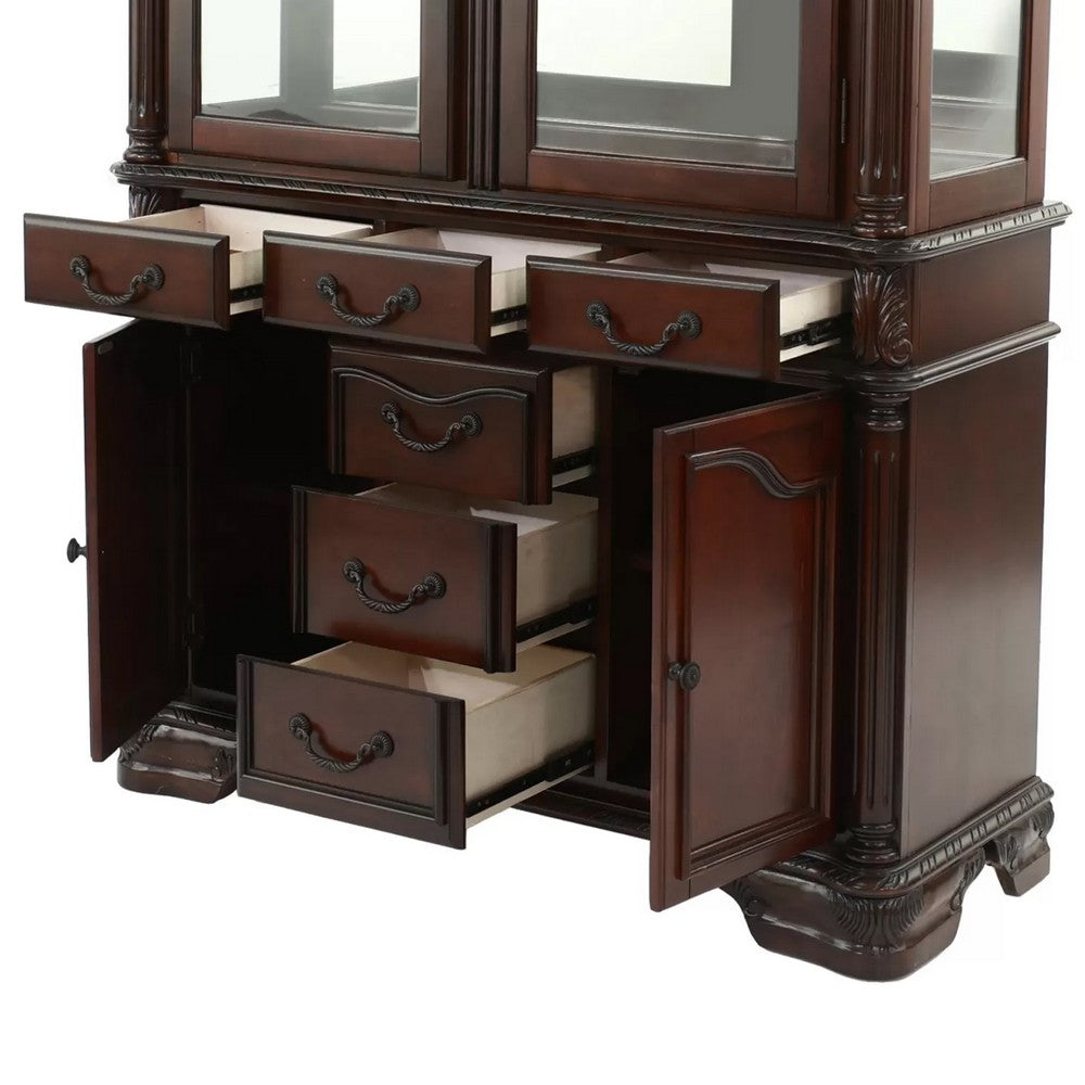 Shaya Hutch | 3 Glass Shelves | 6 Drawers | 2 Doors | Cherry Brown 88"