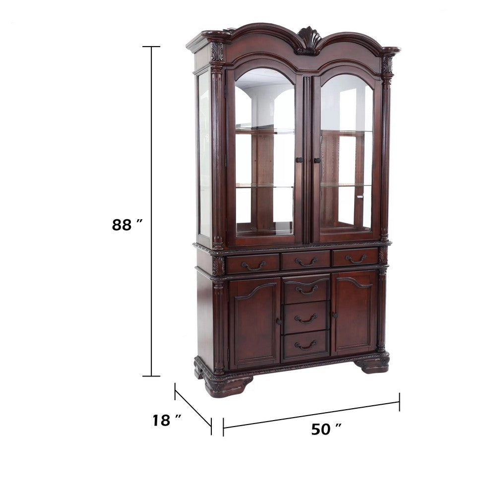 Shaya Hutch | 3 Glass Shelves | 6 Drawers | 2 Doors | Cherry Brown 88"