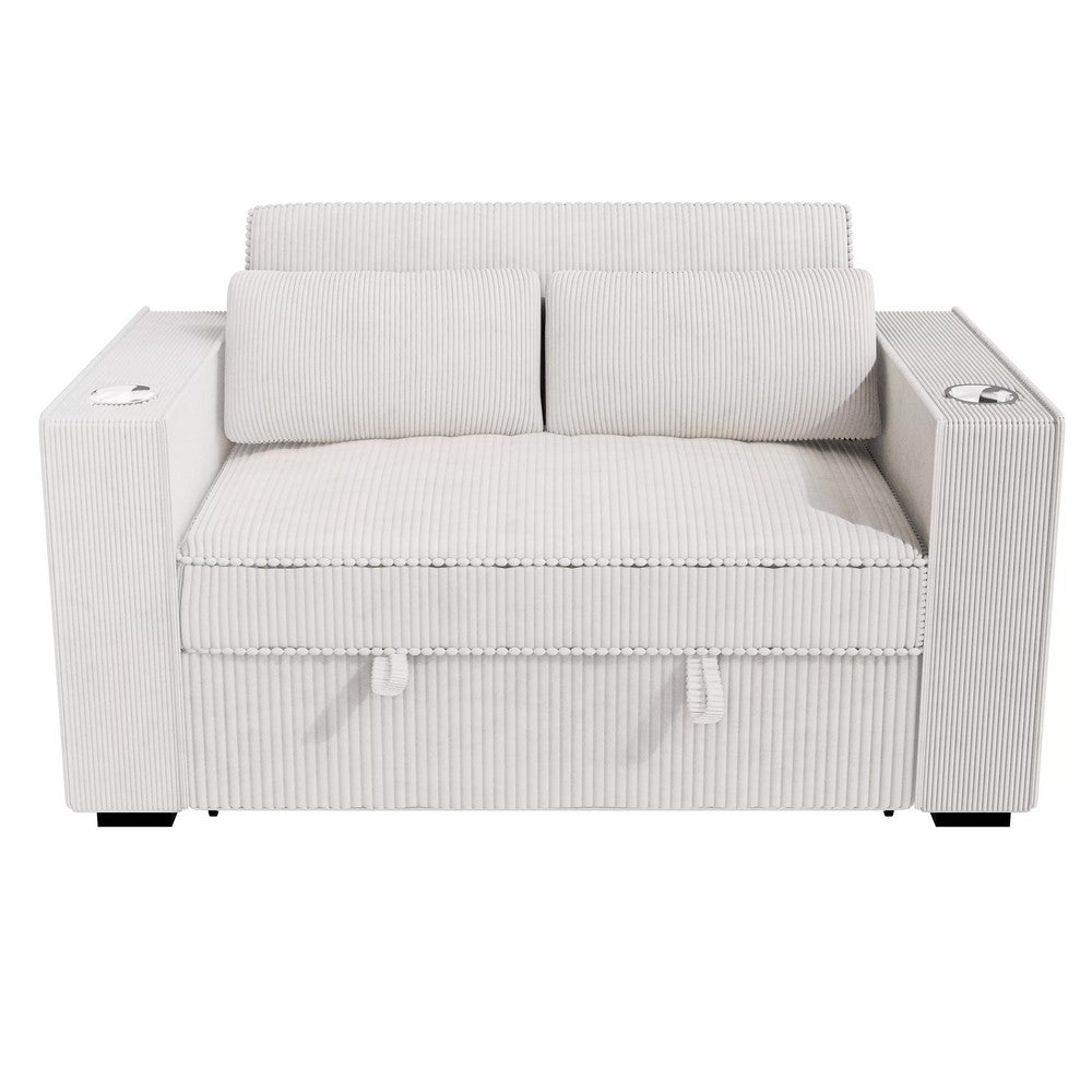 Revi Convertible Sofa w 2 Pillows | USB & Cupholders | Beige Corduroy