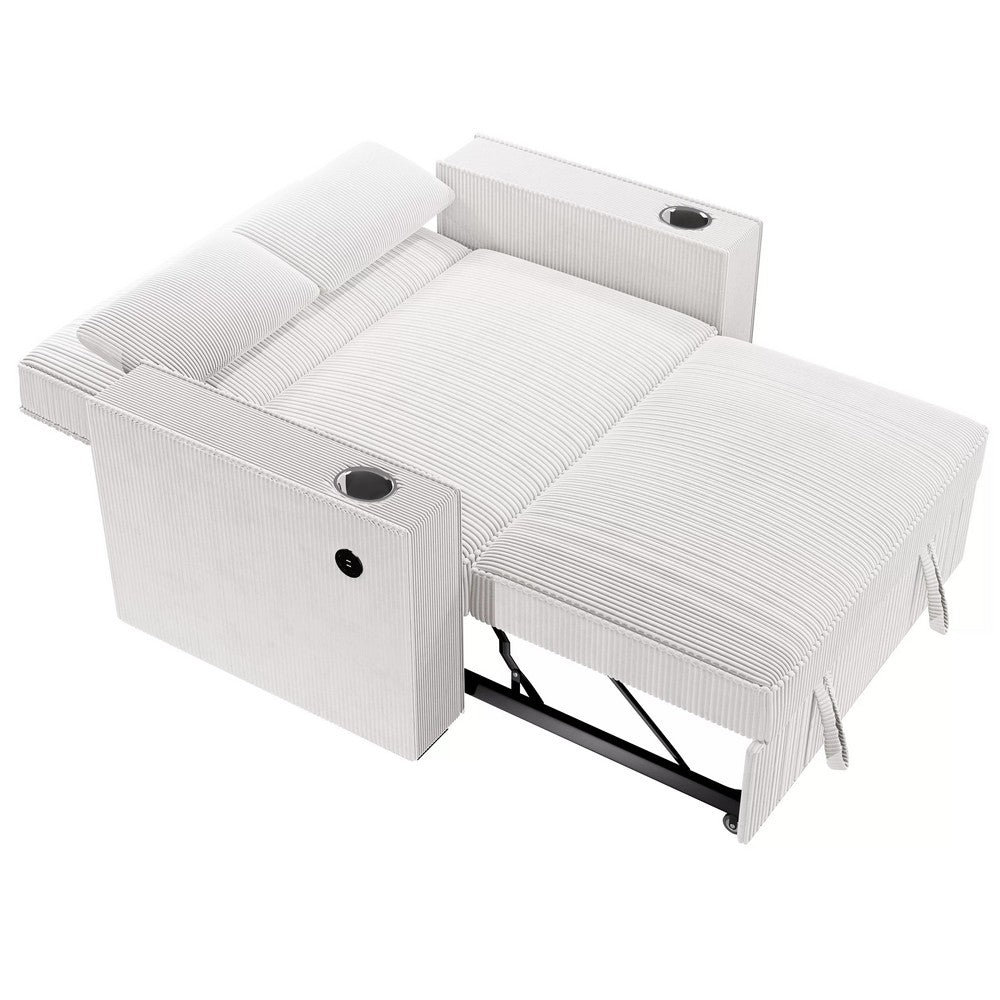 Revi Convertible Sofa w 2 Pillows | USB & Cupholders | Beige Corduroy