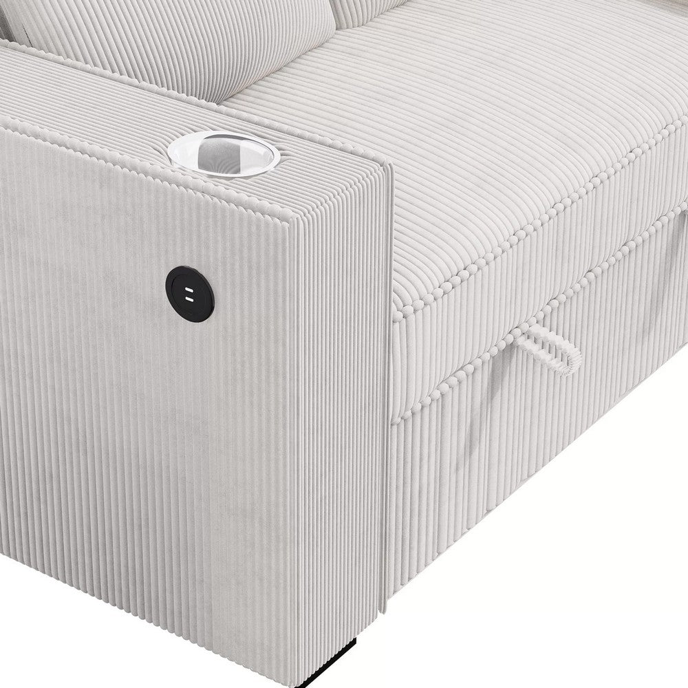 Revi Convertible Sofa w 2 Pillows | USB & Cupholders | Beige Corduroy
