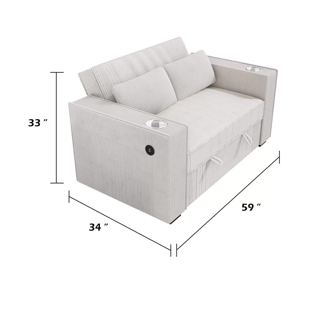 Revi Convertible Sofa w 2 Pillows | USB & Cupholders | Beige Corduroy