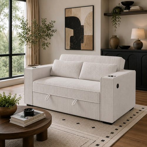 Revi Convertible Sofa w 2 Pillows | USB & Cupholders | Beige Corduroy