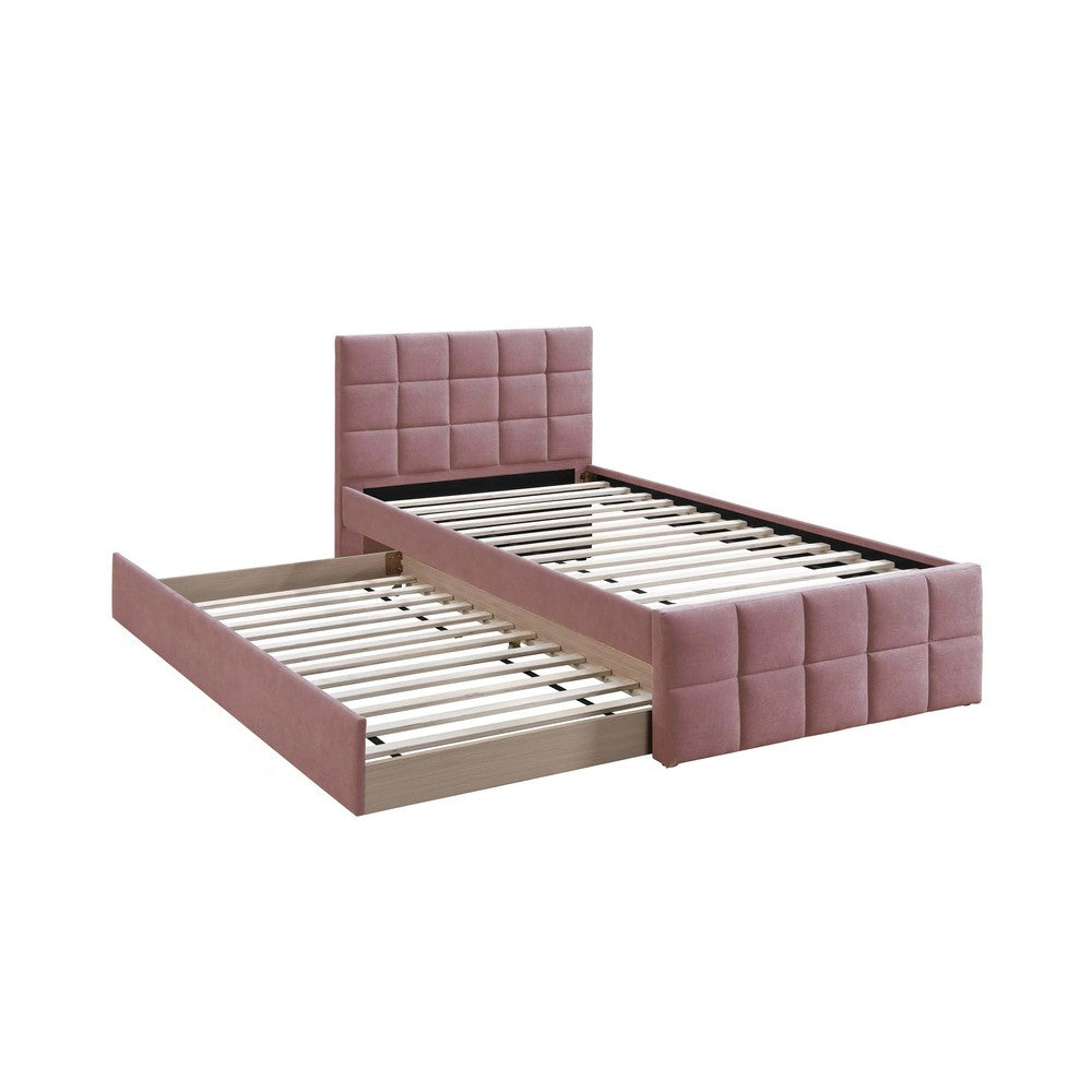 Shahi Full Platform Bed w Trundle | Tufted Pink Brushed Linen Upholstery