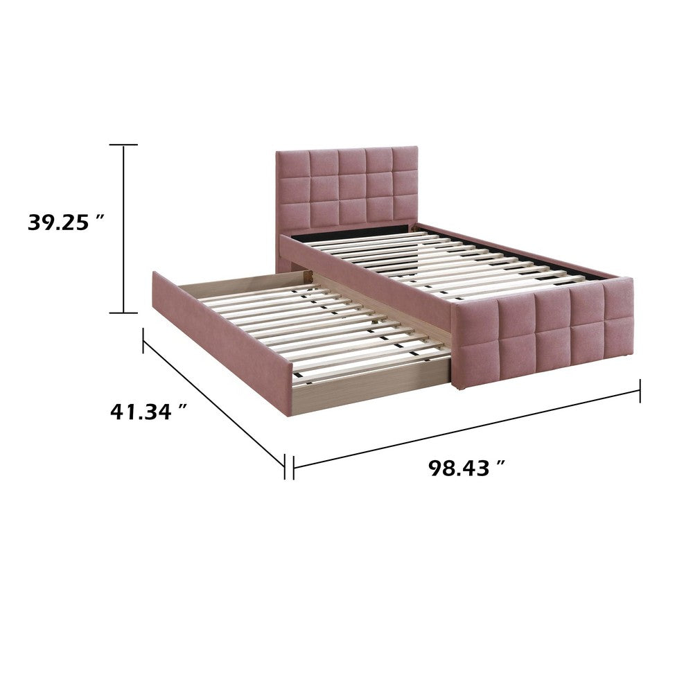 Shahi Full Platform Bed w Trundle | Tufted Pink Brushed Linen Upholstery