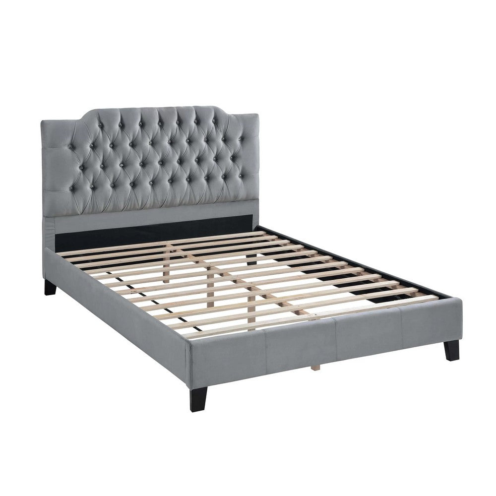 Yuko Full Platform Bed | Tufted Gray Velvet Upholstery | Espresso Brown