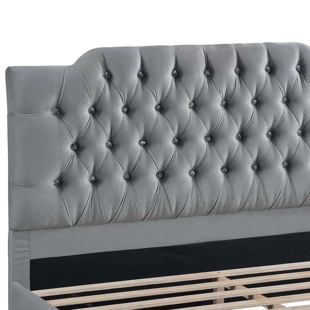 Yuko Full Platform Bed | Tufted Gray Velvet Upholstery | Espresso Brown
