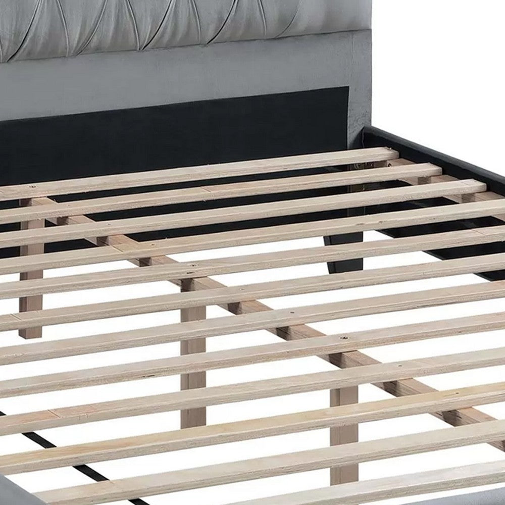 Yuko Full Platform Bed | Tufted Gray Velvet Upholstery | Espresso Brown