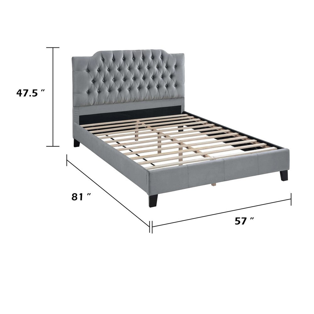 Yuko Full Platform Bed | Tufted Gray Velvet Upholstery | Espresso Brown
