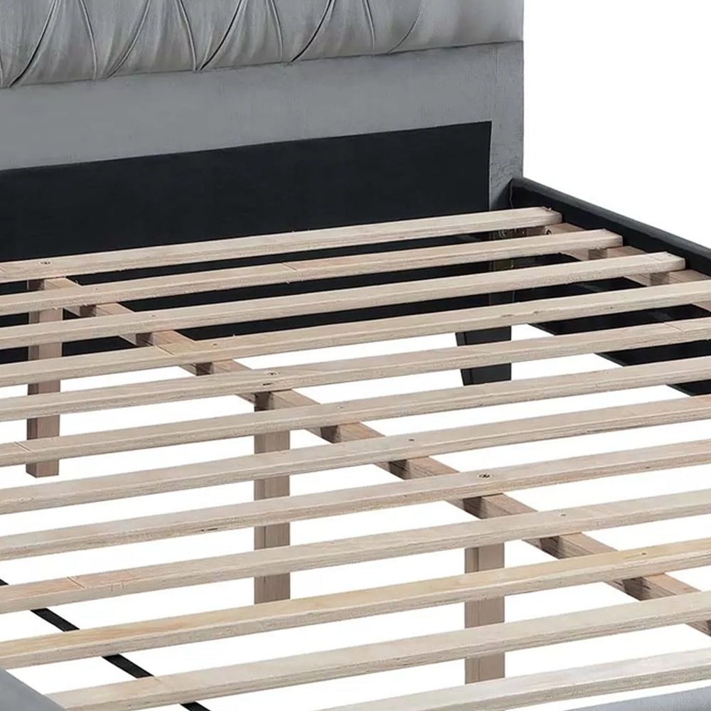 Yuko Queen Platform Bed | Tufted Gray Velvet Upholstery | Espresso Brown