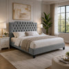 Yuko Queen Platform Bed | Tufted Gray Velvet Upholstery | Espresso Brown